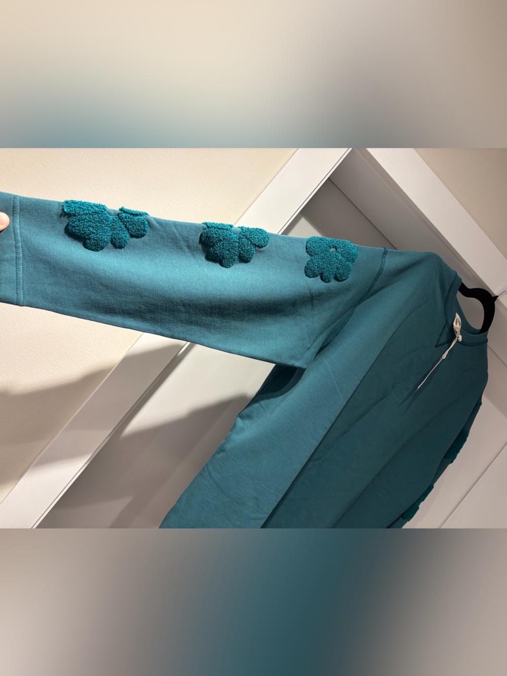Lucy & Yak - Kai Midweight Cotton Crew Neck Sweater in Teal with Flower Motif